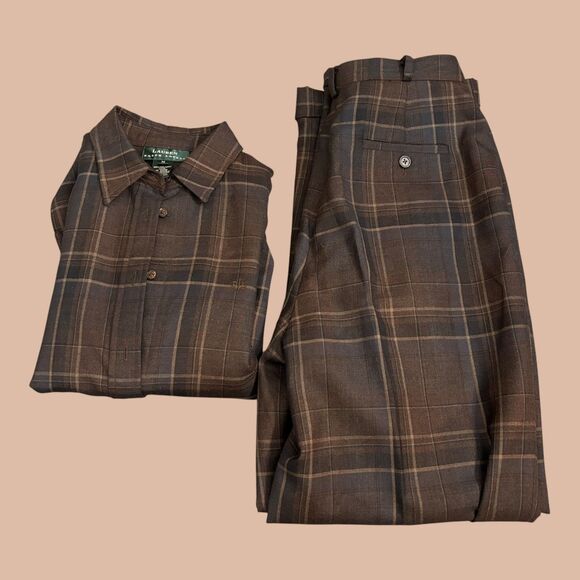 Lauren Ralph Lauren 2 Piece Shirt & Pants Womens M/8 Brown Plaid Wool Button Up - Picture 2 of 16